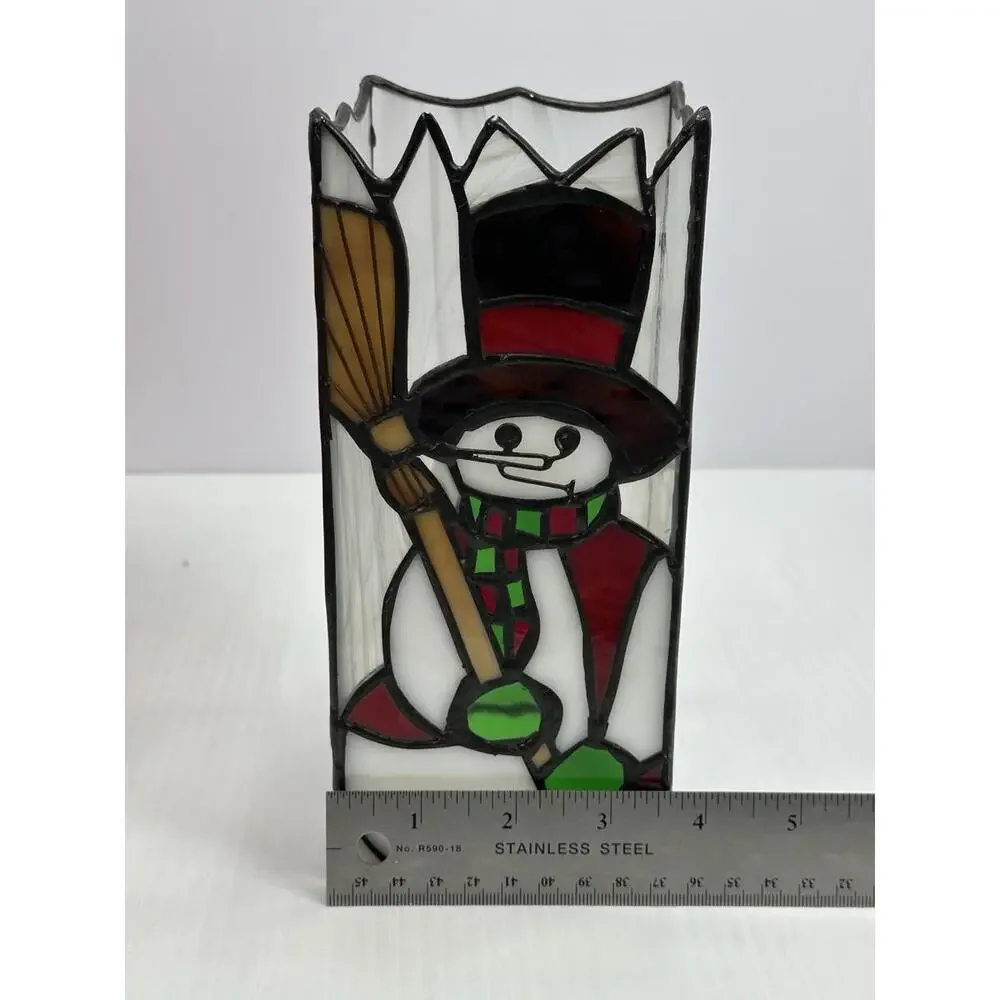 Vintage Iridescent Stained Glass Candle Holder Snowman Shade 8.25” Holiday Decor